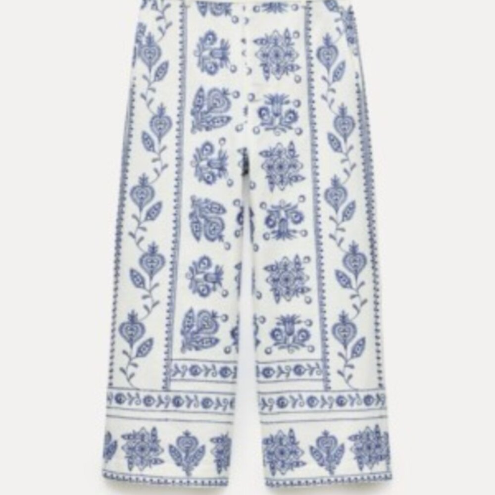 Zara blue and white embroidered crop pants
